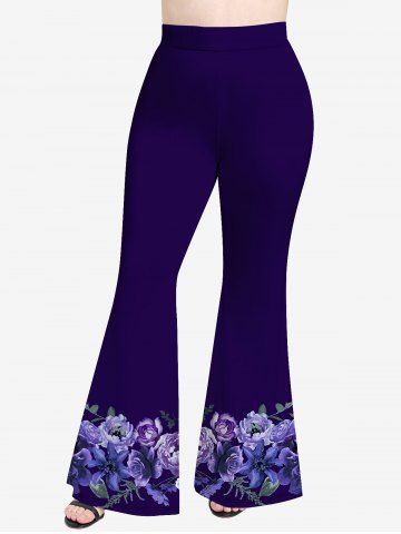Plus Size Flower Leaves Print Flare Pants
