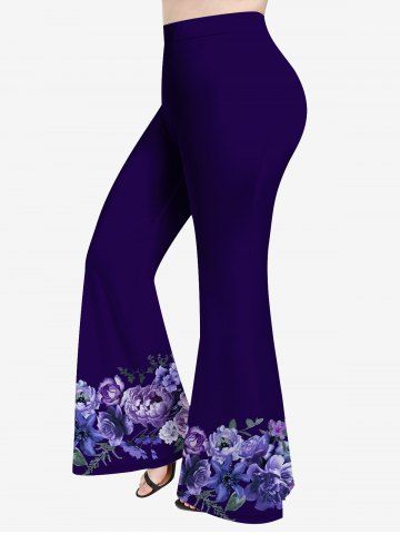 Plus Size Flower Leaves Print Flare Pants