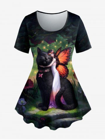 Plus Size Flower Glitter Butterfly Angel Cat Print T-shirt - DEEP GREEN - L