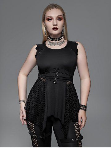 Gothic Fishnet Panel Rings Bat-shaped Sleeve Asymmetrical Top
