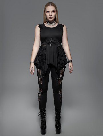 Gothic Fishnet Panel Rings Bat-shaped Sleeve Asymmetrical Top
