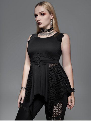 Gothic Fishnet Panel Rings Bat-shaped Sleeve Asymmetrical Top