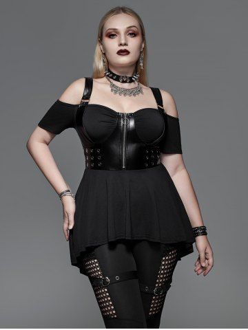Gothic Zipper PU Leather Grommet Ruched Cold Shoulder Top