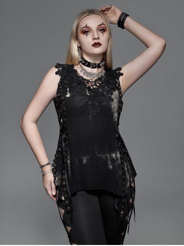 Gothic Grommet Flowers Hollow Out Lace Up Sleeveless Top - BLACK - 3X | US 22-24