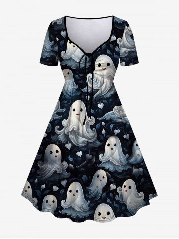 Gothic Cute Ghost Cloud Print Cinched Dress - BLACK - M