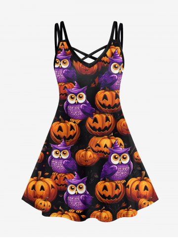 Gothic Halloween Pumpkin Owl Print Crisscross Cami Dress - MULTI-A - 2X