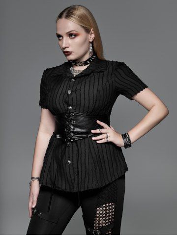 Gothic Jacquard PU Leather Lace-up Corset Shirt