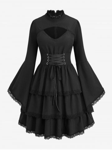 Gothic Lace-up Layered Ruched Floral Lace Trim Cutout Flare Sleeves Dress - BLACK - 2X | US 18-20