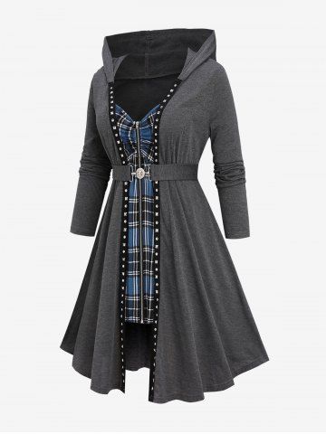 Plus Size Zipper Plaid Cinched Patchwork Rivet Ruched Buckle Belted Hooded Coat - GRAY - L | US 12