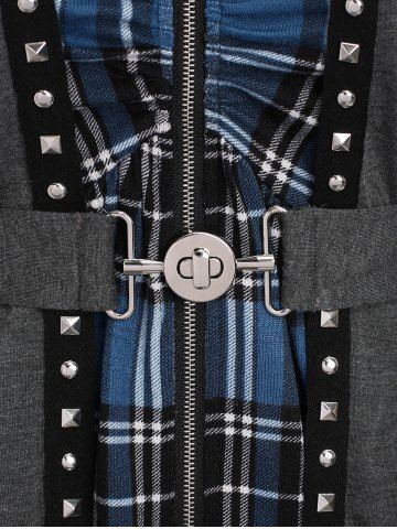 Plus Size Zipper Plaid Cinched Patchwork Rivet Ruched Buckle Belted Hooded Coat