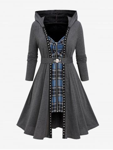 Plus Size Zipper Plaid Cinched Patchwork Rivet Ruched Buckle Belted Hooded Coat