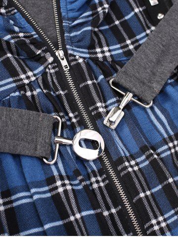 Plus Size Zipper Plaid Cinched Patchwork Rivet Ruched Buckle Belted Hooded Coat