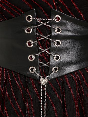 Plus Size Sparkling Sequin Chains Lace Up PU Leather Belted T-shirt