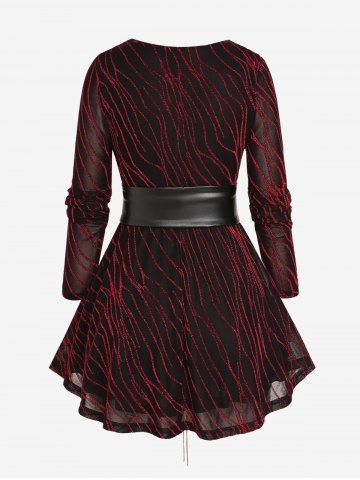 Plus Size Sparkling Sequin Chains Lace Up PU Leather Belted T-shirt