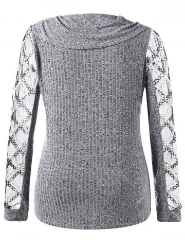 Plus Size Turn-down Collar Sheer Mesh Panel Thumbhole Mock Buttons Ribbed Asymmetric Pullover Knit Sweater