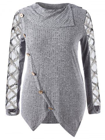 Plus Size Turn-down Collar Sheer Mesh Panel Thumbhole Mock Buttons Ribbed Asymmetric Pullover Knit Sweater