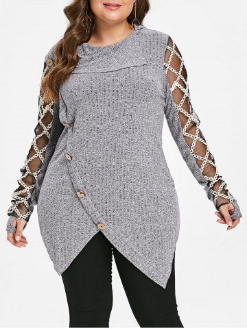 Plus Size Turn-down Collar Sheer Mesh Panel Thumbhole Mock Buttons Ribbed Asymmetric Pullover Knit Sweater - GRAY - L | US 12