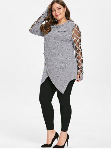 Plus Size Turn-down Collar Sheer Mesh Panel Thumbhole Mock Buttons Ribbed Asymmetric Pullover Knit Sweater