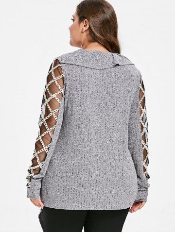 Plus Size Turn-down Collar Sheer Mesh Panel Thumbhole Mock Buttons Ribbed Asymmetric Pullover Knit Sweater