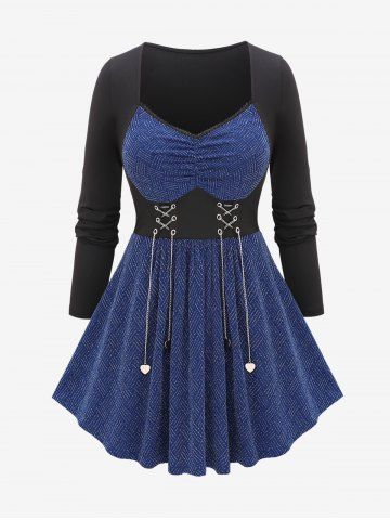 Plus Size Chain Braided Lace Up Tassel Ruched Glitter Jacquard Knitted Corset Long Sleeves Top - BLUE - M | US 10