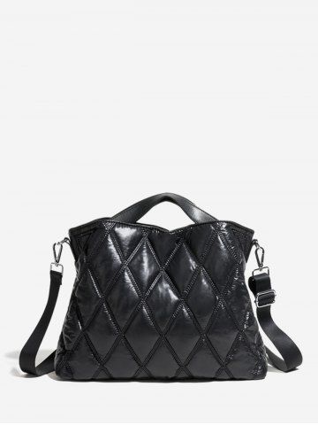 Women's Winter Solid Color Puffer Down Quilted Rhombus Topstitching Design Large Tote Bag - BLACK