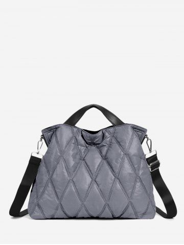 Women's Winter Solid Color Puffer Down Quilted Rhombus Topstitching Design Large Tote Bag - DARK GRAY