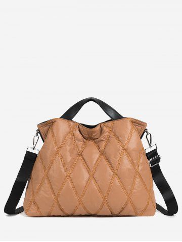 Women's Winter Solid Color Puffer Down Quilted Rhombus Topstitching Design Large Tote Bag - CINNAMON