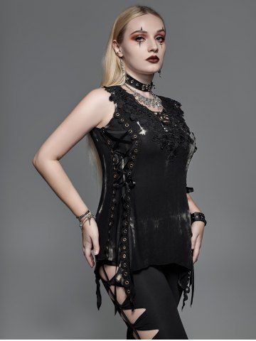 Gothic Grommet Flowers Hollow Out Lace Up Sleeveless Top