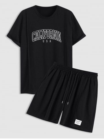 Men's CALIFORNIA Letter Printed College Style Short Sleeves Crew Neck T-shirt and Drawstring Shorts Set - BLACK - M