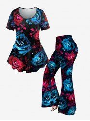 Rose Glitter Printed T-shirt and Flare Pants Plus Size Disco Outfit -  