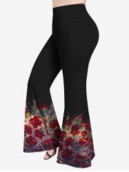 Plus Size Rose Leaf Glitter Galaxy Print Flare Pants -  