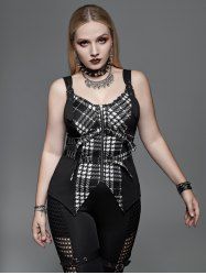 Gothic Plaid Buckled Grommets Zip Front Asymmetrical Tank Top -  