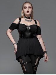 Gothic Zipper PU Leather Grommet Ruched Cold Shoulder Top -  