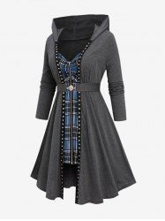 Plus Size Zipper Plaid Cinched Patchwork Rivet Ruched Buckle Belted Hooded Coat -  