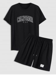 Men's CALIFORNIA Letter Printed College Style Short Sleeves Crew Neck T-shirt and Drawstring Shorts Set -  