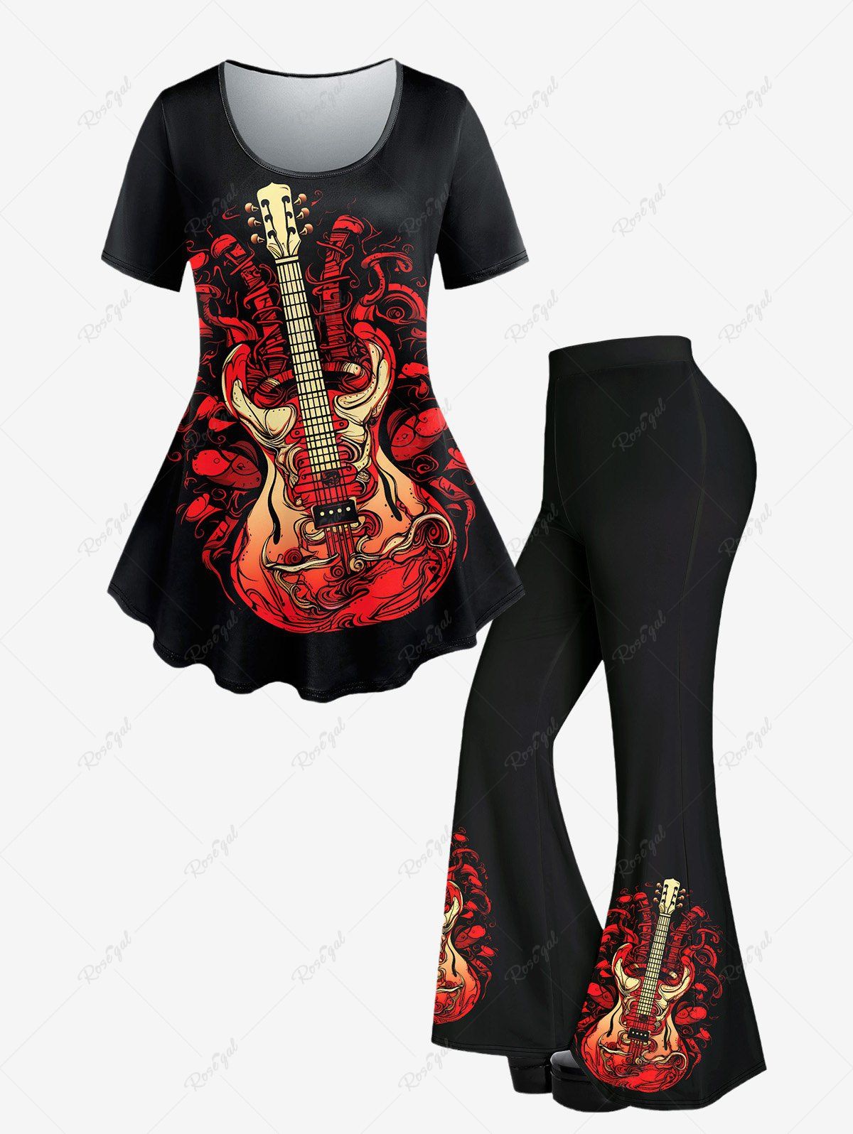 Store Gothic Colorful Guitar Branch Printed Short Sleeves T-shirt and Flare Pants Outfit  