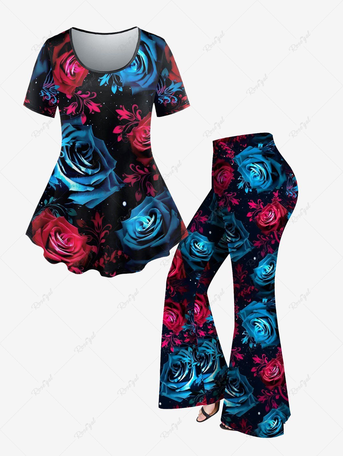 Unique Rose Glitter Printed T-shirt and Flare Pants Plus Size Disco Outfit  