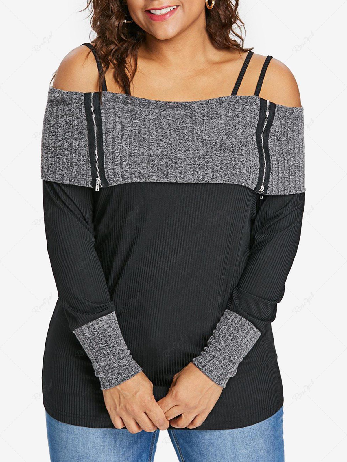 Fashion Plus Size Cold Shoulder Zipper Ribbed T-shirt  