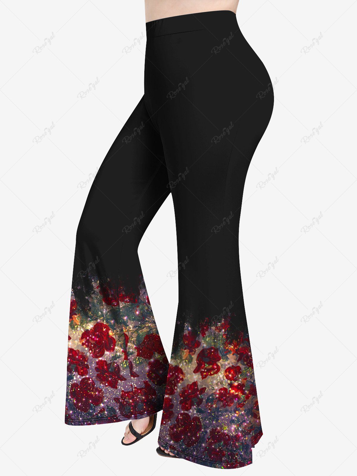 Latest Plus Size Rose Leaf Glitter Galaxy Print Flare Pants  