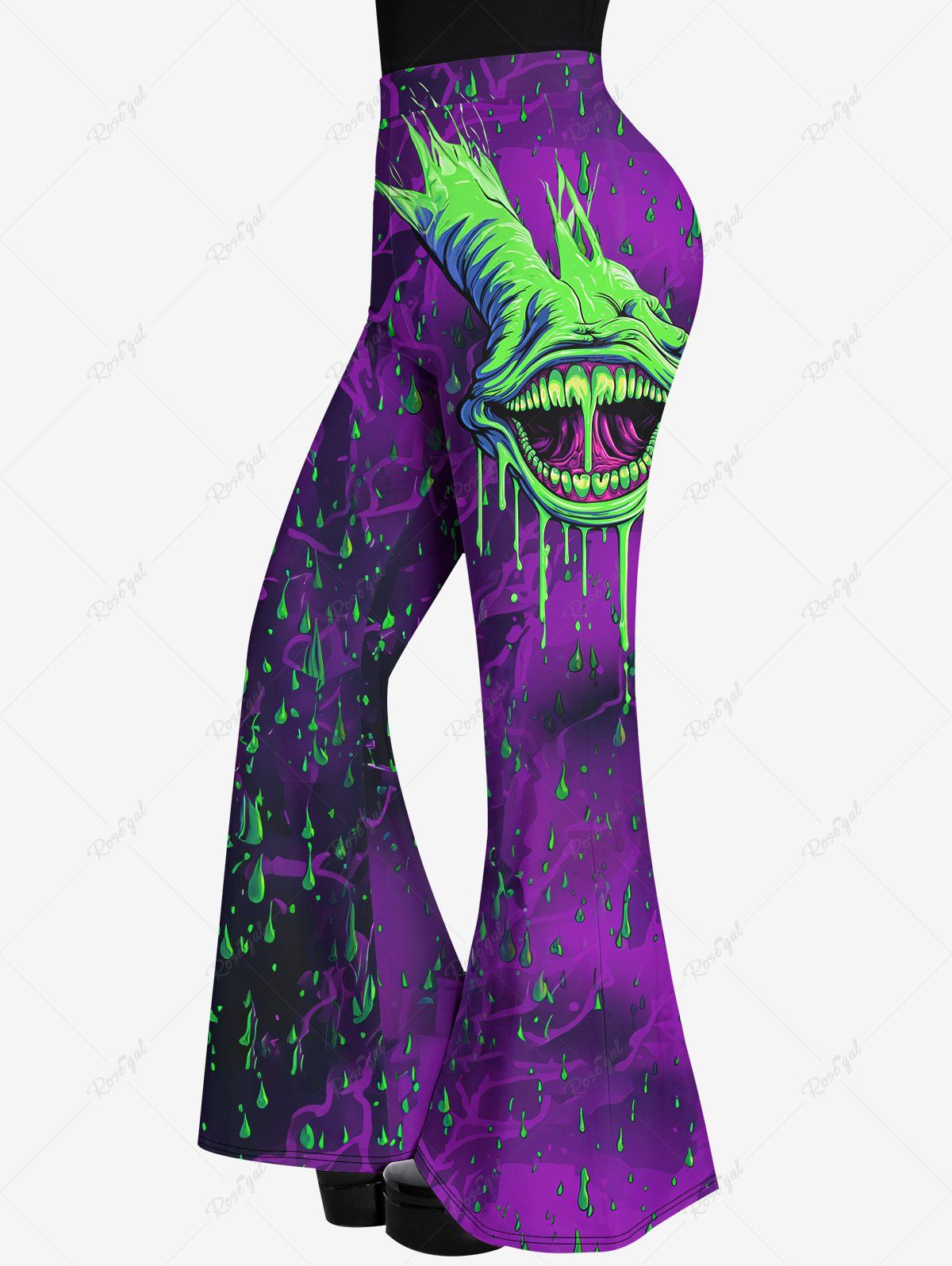 Unique Gothic Monster Rainy Print Flare Pants  