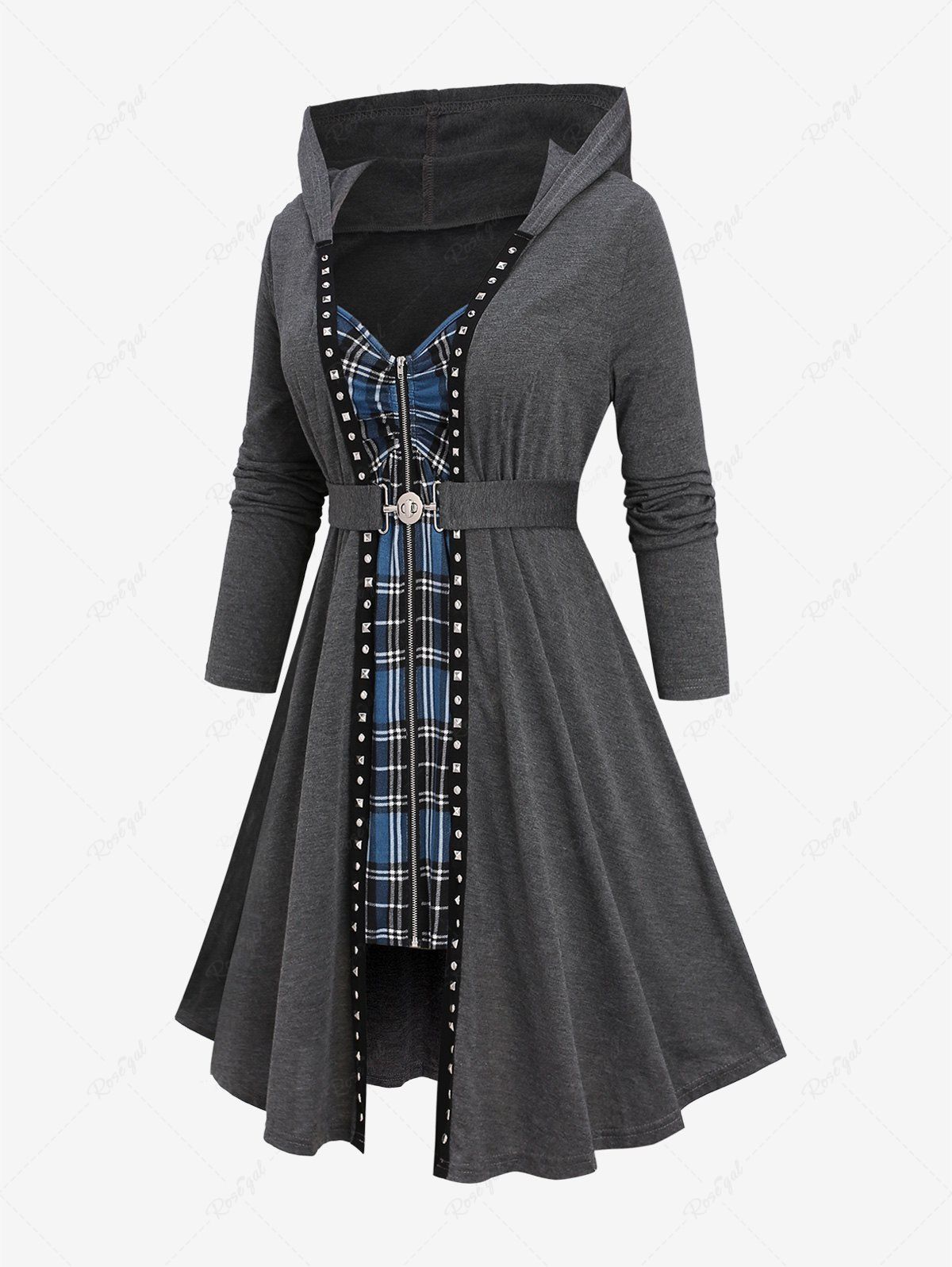 Cheap Plus Size Zipper Plaid Cinched Patchwork Rivet Ruched Buckle Belted Hooded Coat  