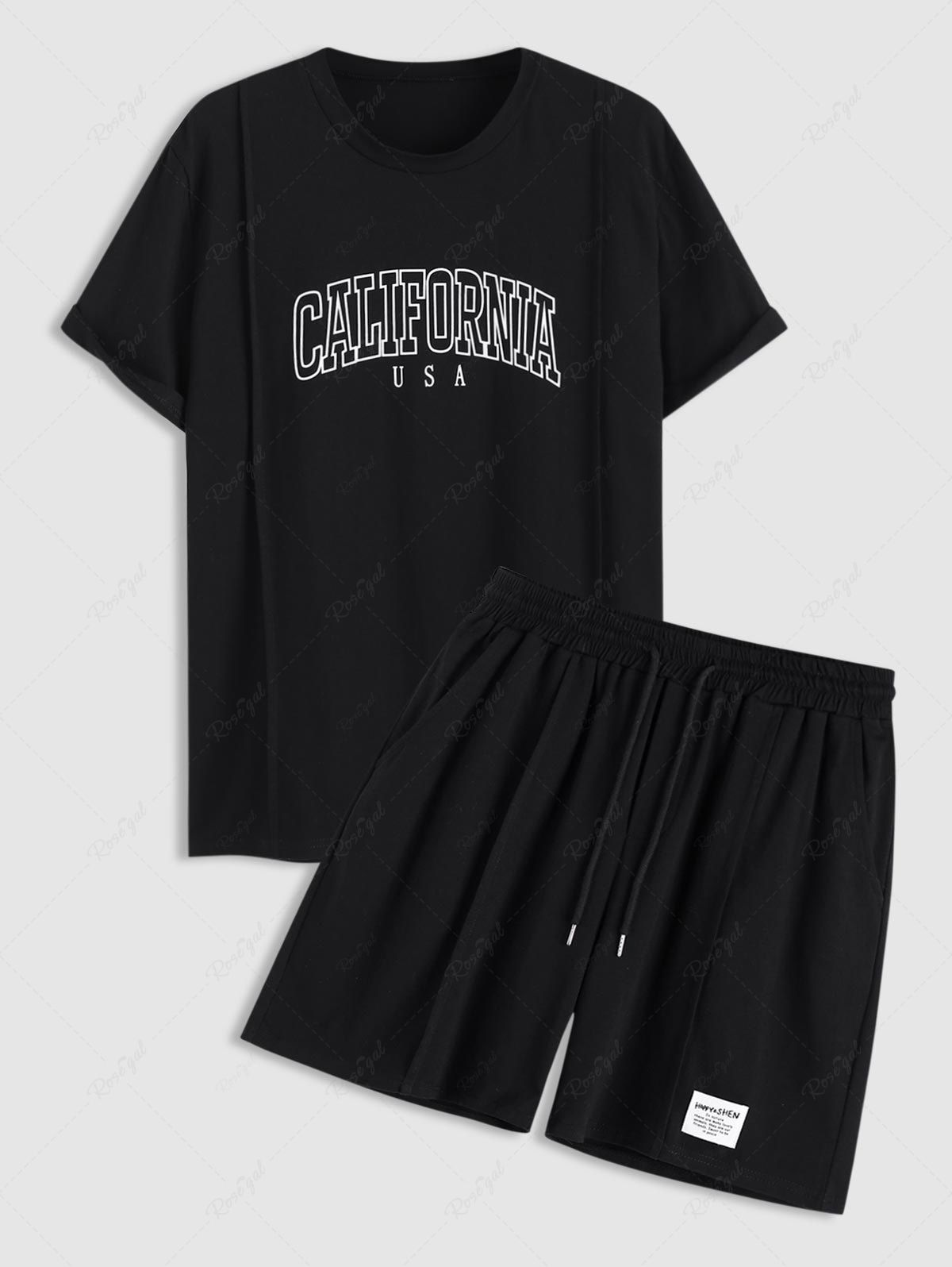 Unique Men's CALIFORNIA Letter Printed College Style Short Sleeves Crew Neck T-shirt and Drawstring Shorts Set  
