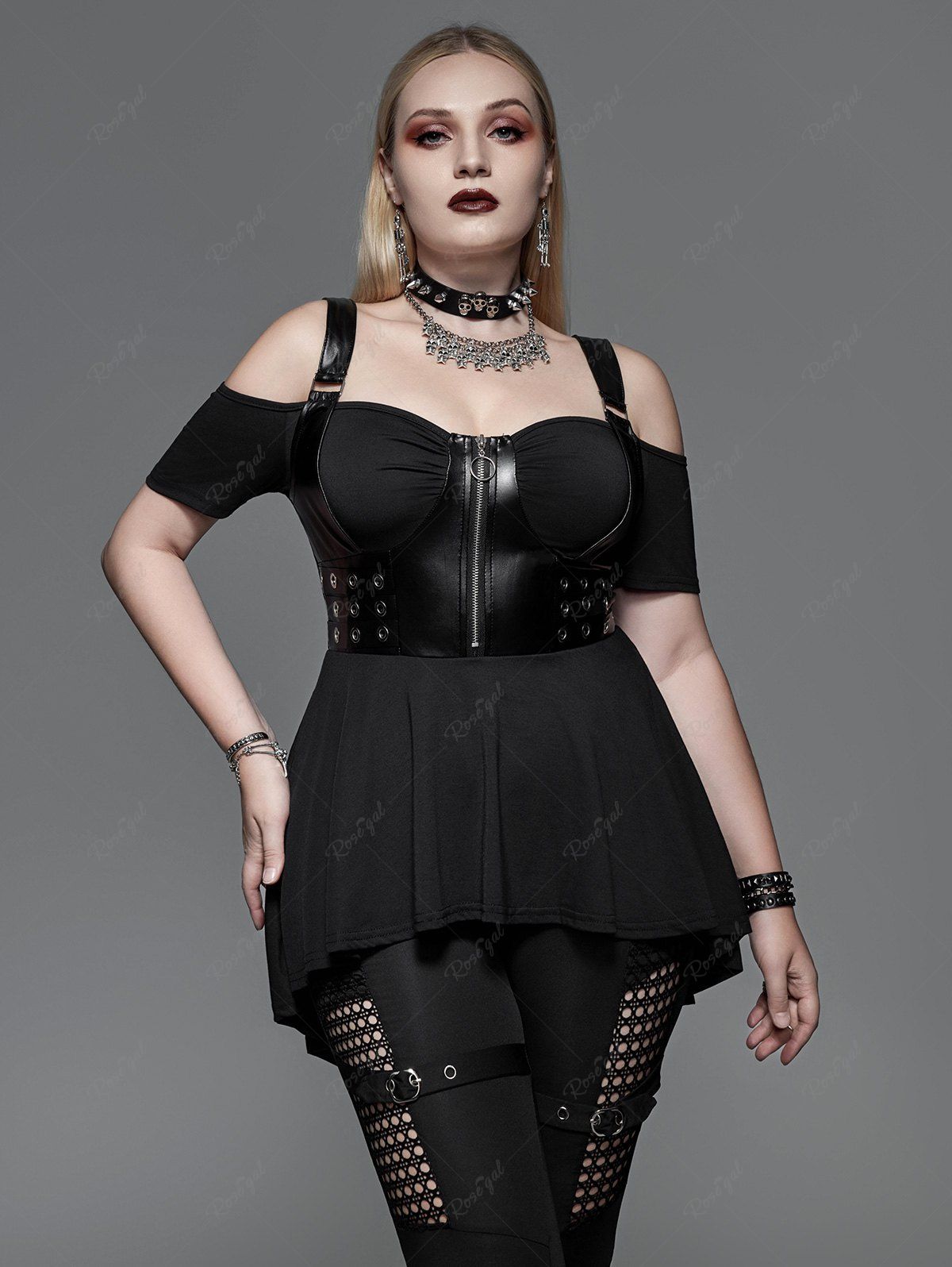 Unique Gothic Zipper PU Leather Grommet Ruched Cold Shoulder Top  