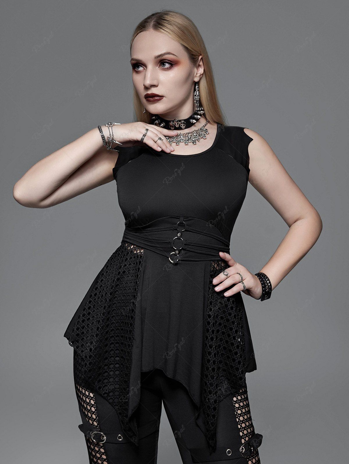 Affordable Gothic Fishnet Panel Rings Bat-shaped Sleeve Asymmetrical Top  