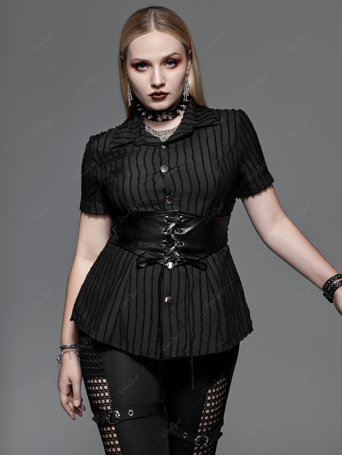 Trendy Gothic Jacquard PU Leather Lace-up Corset Shirt  