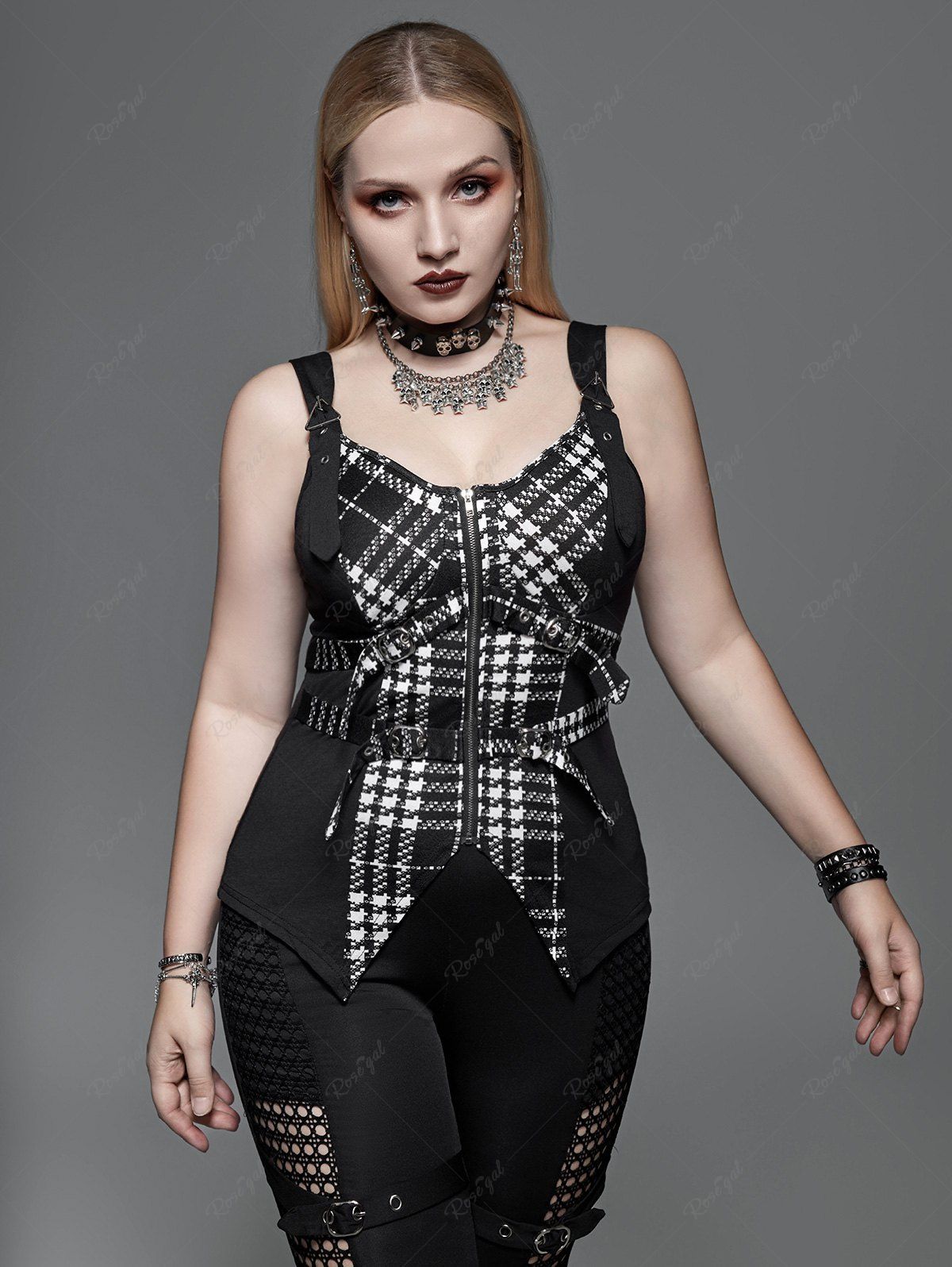 Unique Gothic Plaid Buckled Grommets Zip Front Asymmetrical Tank Top  