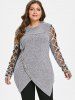 Plus Size Turn-down Collar Sheer Mesh Panel Thumbhole Mock Buttons Ribbed Asymmetric Pullover Knit Sweater -  