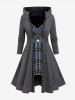 Plus Size Zipper Plaid Cinched Patchwork Rivet Ruched Buckle Belted Hooded Coat -  