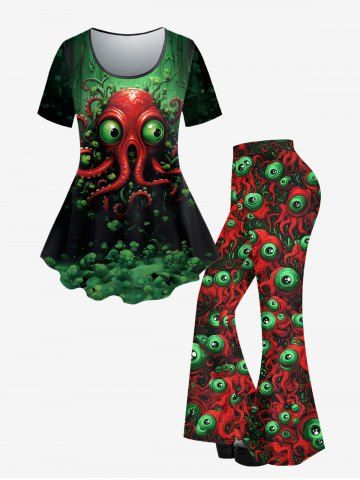 Gothic Octopus Seaweed Eye Printed Short Sleeves T-shirt and Flare Pants Outfit - GREEN