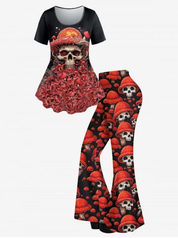 Skull Mushroom Bloody Hat Print Short Sleeves T-shirt And Skull Mushroom Hat Print Flare Pants Gothic Outfit - RED